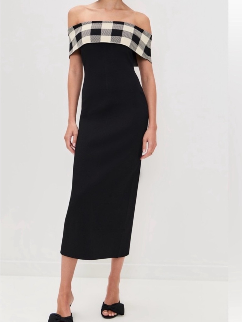 Posse Black Off-Shoulder Maxi Dress with Checked Trim
